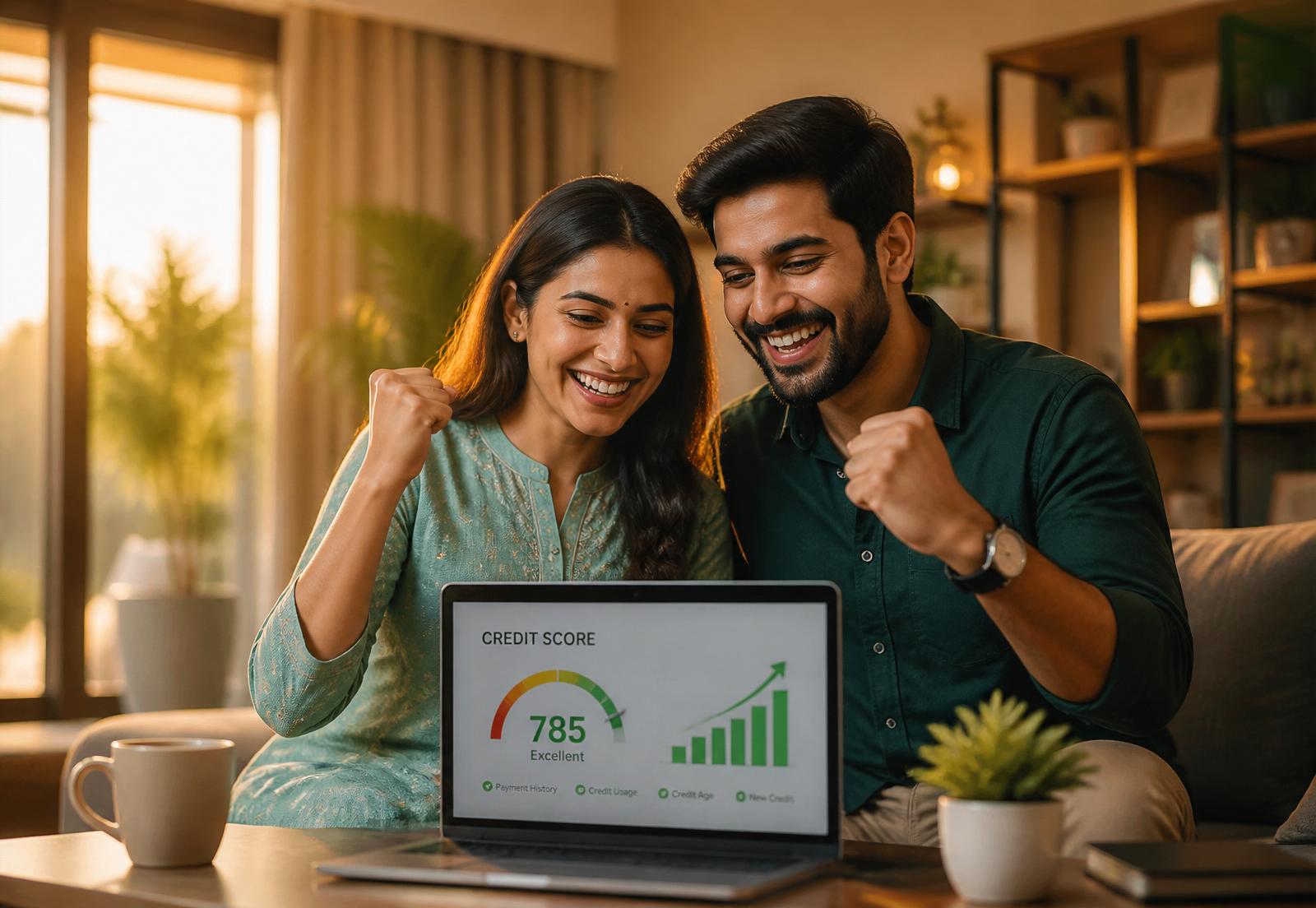 Happy Indian couple celebrating an improved credit score at home